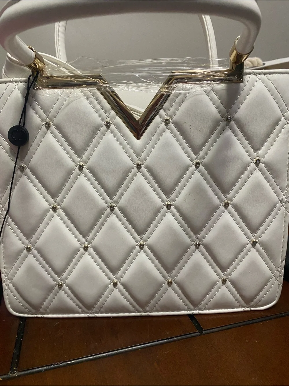 White Quilted Top-Handle Women's Handbag with Gold Accent